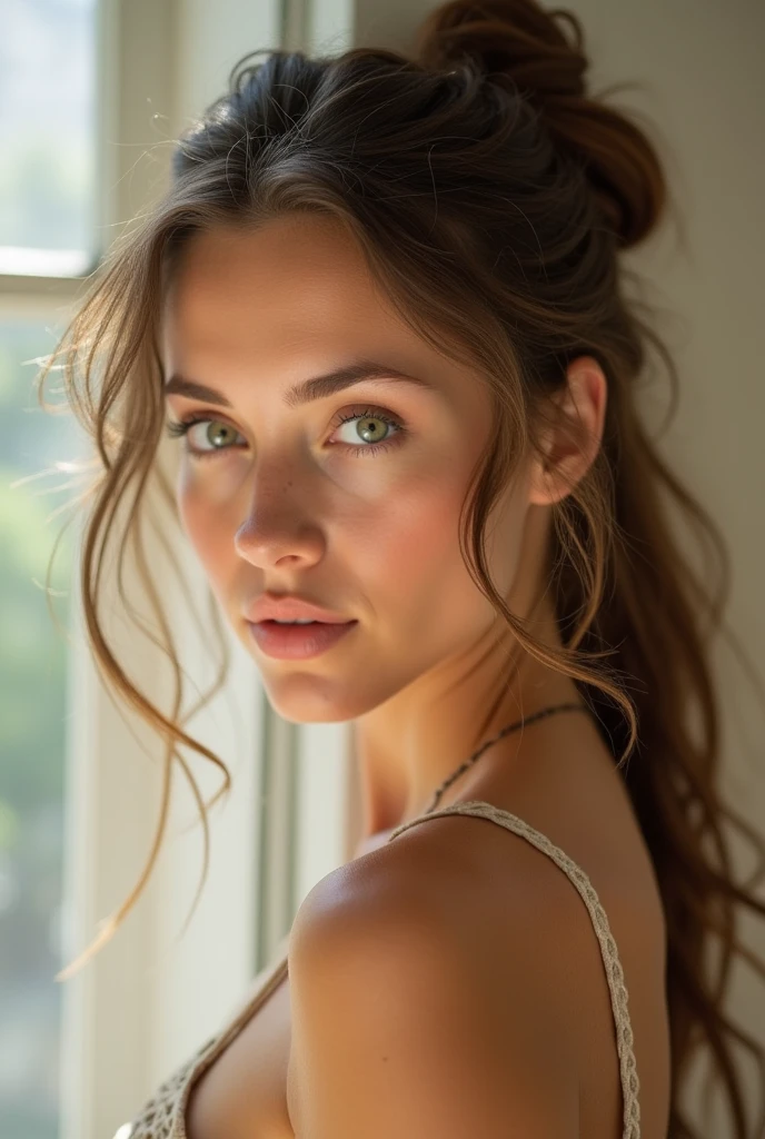 Woman with tied brown hair, greeneyes, Sunnyday