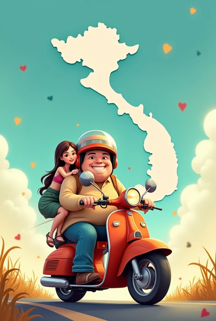 Fat guy carrying his beautiful lover on a motorbike and wearing a cute helmet. Map of Vietnam in the sky with Hoang Sa and Truong Sa Islands. Cartoon image