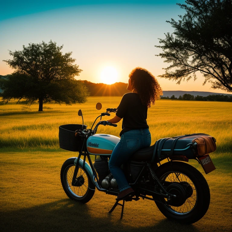 /Lofi girl  Towards the camera on a vintage motorbike,  Towards the camera, perspective, eyes glued to the camera, art station trends, HMM::1.Five centerpieces at sunset on a country road with rustic charm:: warm lighting, The Long Shadow, Telescope lens:: hand, refer::-0.5 - AR16:9 - Rainbow - Beautiful scenery (full of tension, Full of dramatic images), (Huge sky), (beautiful horizon), (wide meadow), (The North Star hangs high), (カラフルなnatural light), (Топы с длинными handвами), (denim shorts),(girl, carrying backpack),(black hair),(Slightly curly hair),(back view),(Sun silhouette):(0.8), (moving visual effects),(large lawn area), (Herbal flowers), (NASA-level star), (Fresh, natural light), (New moon), (beautiful sunrise), (dynamic photographer&#39;corner): (landscape details) ,(Colorful landscape),(Clear and sharp depth of field),(Deep blue sky): (0.5)