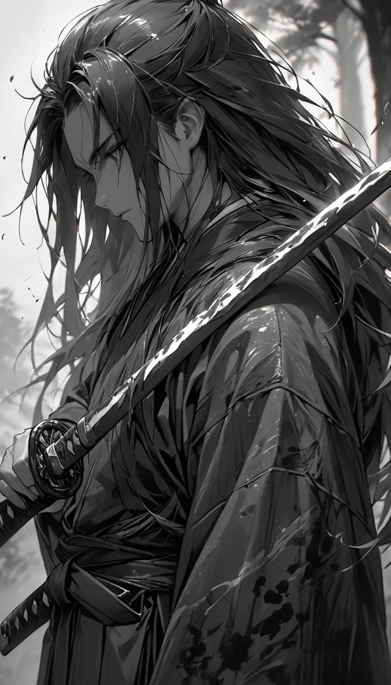 portrait, 1boy, solo, long hair, Japanese clothing, black clothing, samurai, (hakama), (holding weapon, katana), plain tree, sheath, shadow, ink painting, [[greyscale]], simple background, (windy), (masterpiece:1.2), best quality, super detailed, [cowboy shot], from side, DeepNegative_xl_v1