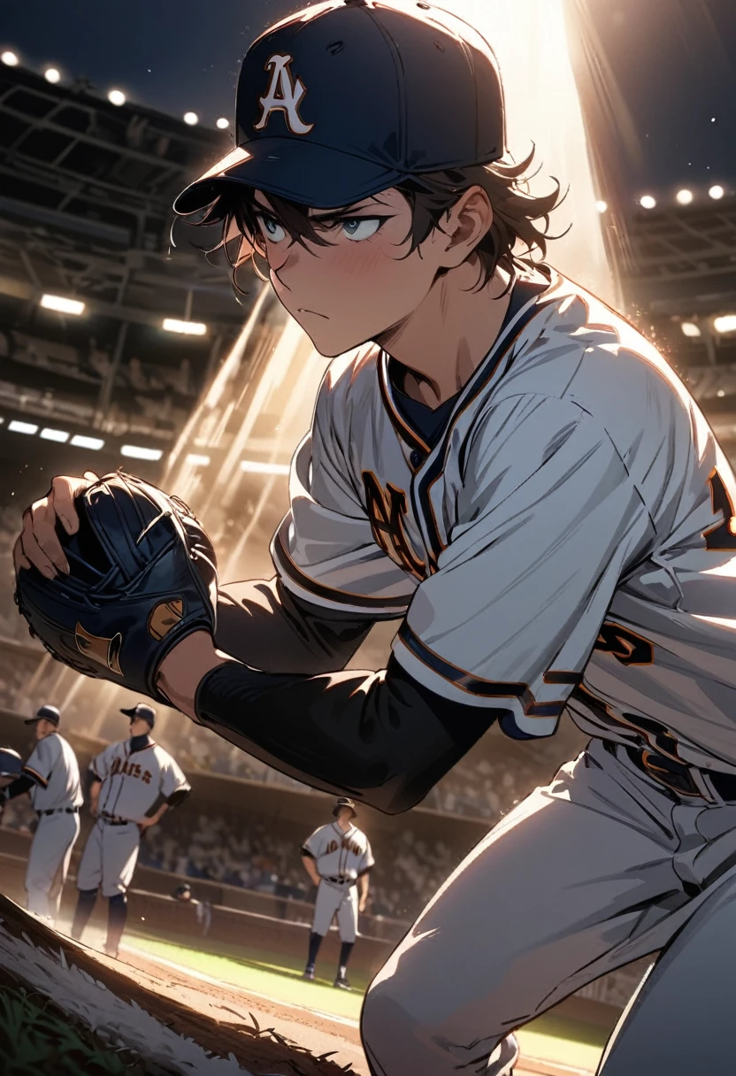 The concept is high school baseball player,pitcher boys touch the brim of the hat while facing the front with serious eyes,wearing baseball uniform,standing Pitcher mount,Baseball ground,masterpiece,best quality,ultra-detailed, illustration, detailed light,an extremely delicate and beautiful,