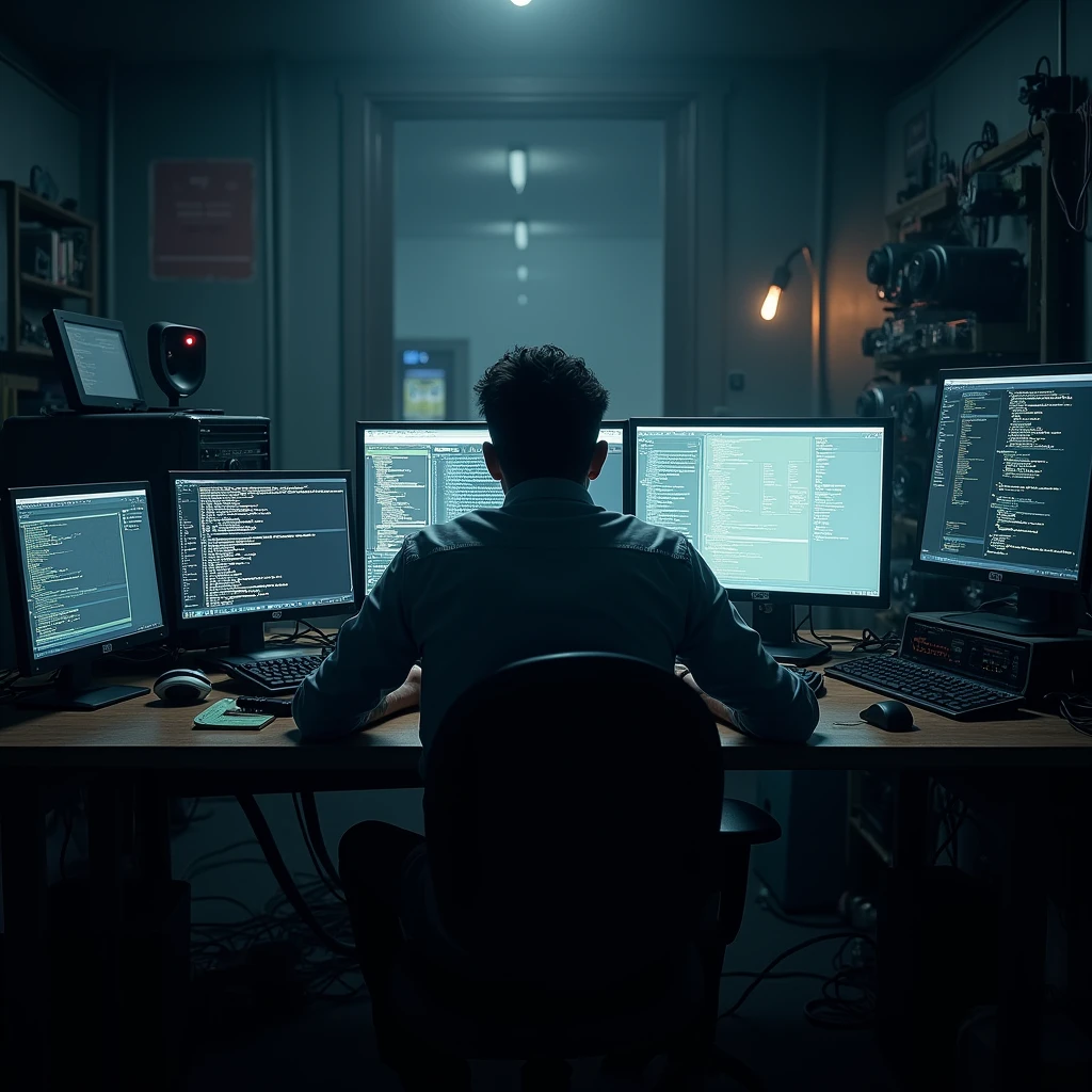 Hardcore progammer backside sitting in chair dark room with many monitors