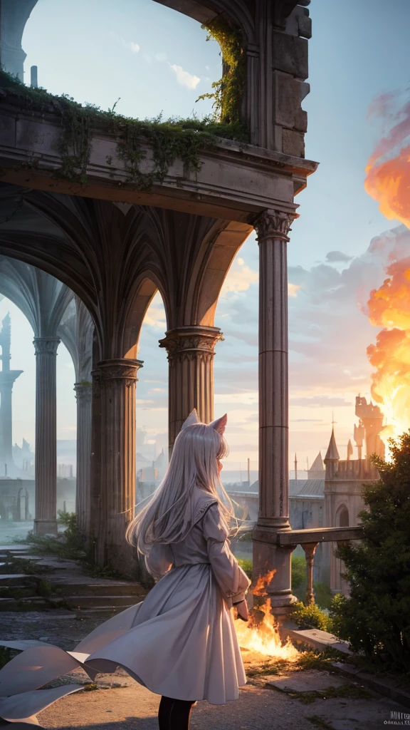 Chat blanc a poil long,couvert de sang et de flammes , derrière un paysage en ruine