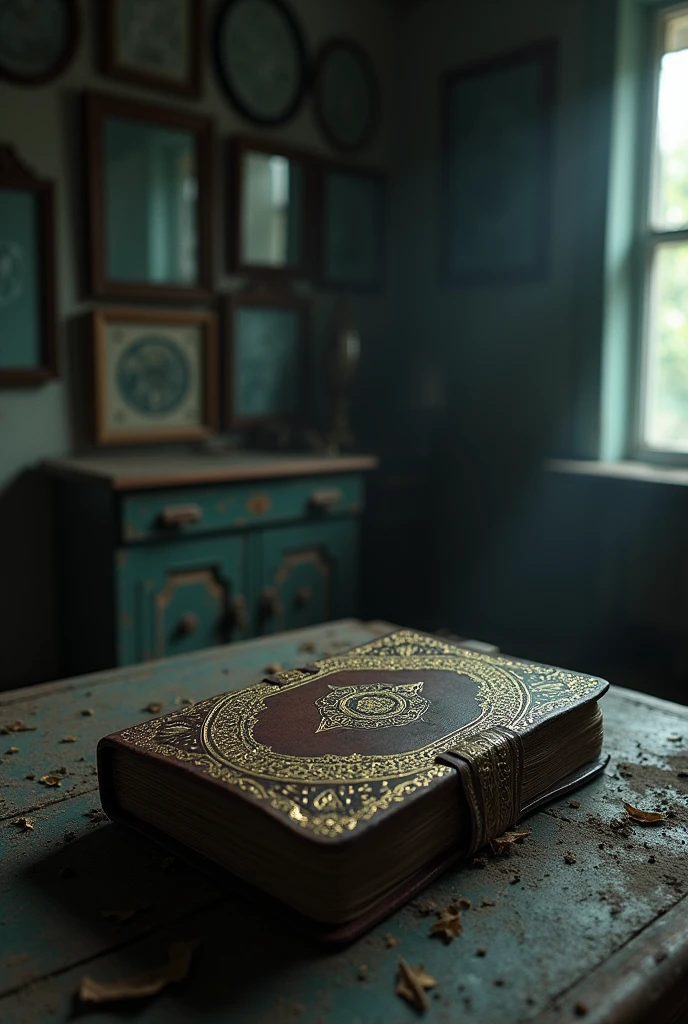 In an abandoned house; Old, the diary of someone who is worn out and now dead, but let that abandoned house be dark and spooky, let the diary be there on a dusty wooden table. Let the diary also be leather-covered and have different shapes with gold leaf, let the house be a little darker, dusty, with lots of mirrors and spooky, let it be a darker house., Have lots of mirrors and portrait pictures in the house so that these pictures reflect someone's fears
