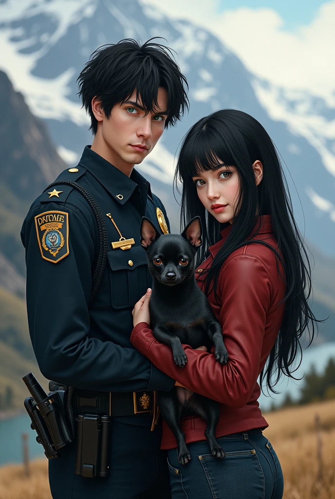 He is a dark-haired policeman with green eyes. She black hair brown eyes. Cane chiwuaua nero. Mountain