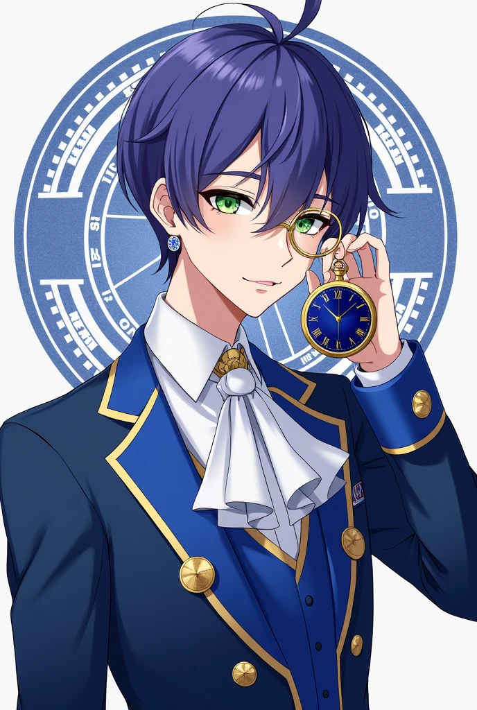 A young male Idol with neat and elegant purple-blue hair. Green eyes. Wearing a European-style performance outfit in blue and white, stylized like a modern fashion model. Wearing gold monocle glasses and holding a sapphire blue pocket watch. Earrings stylized to match the outfit.
On the background is the Deus ex Machina logo with the symbol of a time-traveling clock. The main color is #e8b923.