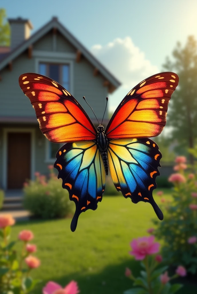 A rainbow butterfly flying in the garden before a house, very detailled, 4 k realistic