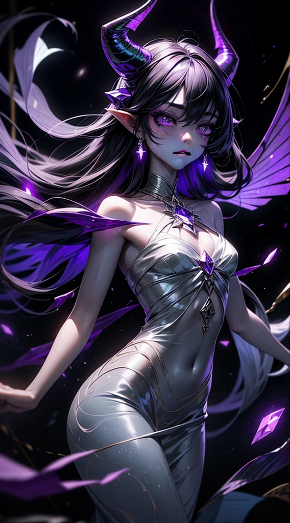 they, chica demtheyo, ethereal scars on the face, twisted horns, Midnight black hair, from another world, iridescent ((violet skin)), astral plane, floating among the stars, transcendent meditation, detailed face, Spectral Staff, flowing robes, years