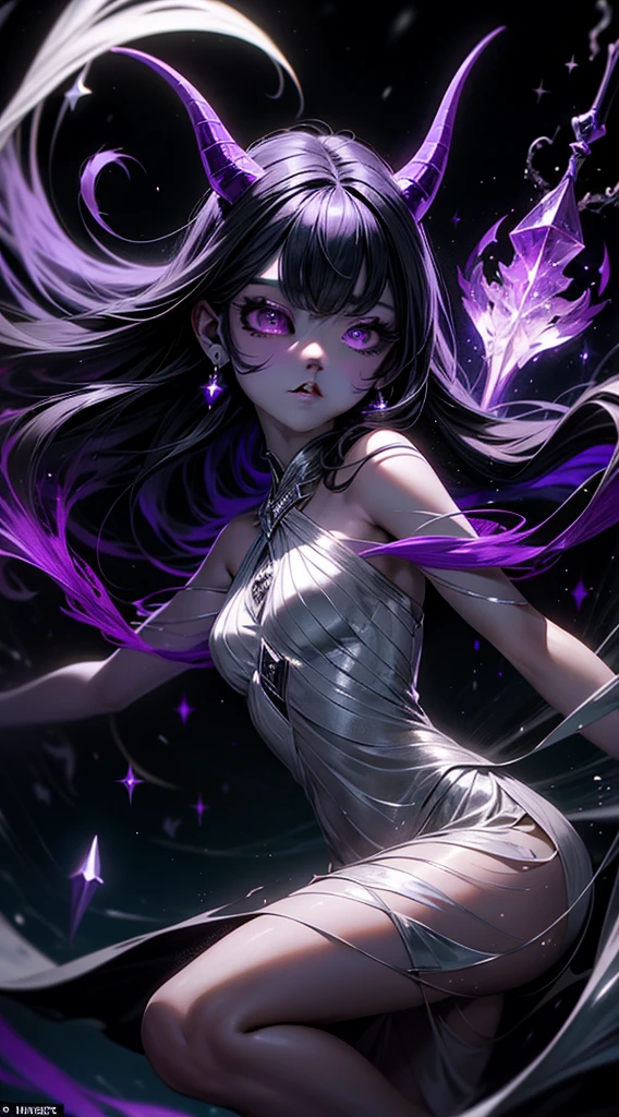 they, chica demtheyo, ethereal scars on the face, twisted horns, Midnight black hair, from another world, iridescent ((violet skin)), astral plane, floating among the stars, transcendent meditation, detailed face, Spectral Staff, flowing robes, years