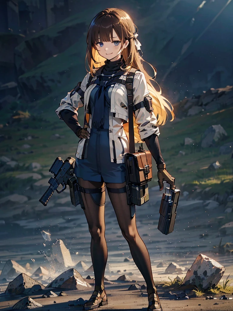 holding_gun, assault_rifle, Very detailed, Brown Hair, Anime Style, whole body, alone, Stylish Gunfighter Girl, Holding a steampunk long barrel pistol,Standing in the wasteland, 8K high resolution, In the spotlight, The background is a dark and desolate landscape, Horror movie atmosphere. Her figure is very beautiful, Emphasizing the dark and crazy elements. Skillfully expressing the effects of light and shadow,