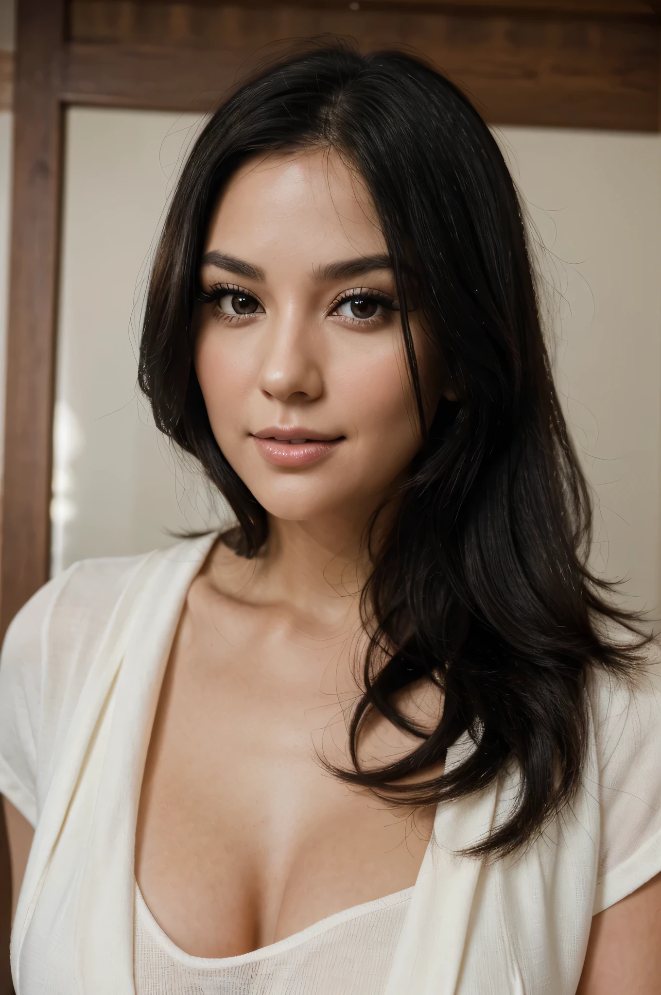 "Create a portrait of a beautiful 35-year-old woman with a white fair complexion. She has long black hair, a mid-length, slightly elongated face with soft, well-defined features, a slightly chubby but not overly rounded face, expressive black eyes, and a warm smile. The image should focus on her face, capturing her natural beauty and elegance." Old b/w picture rusty