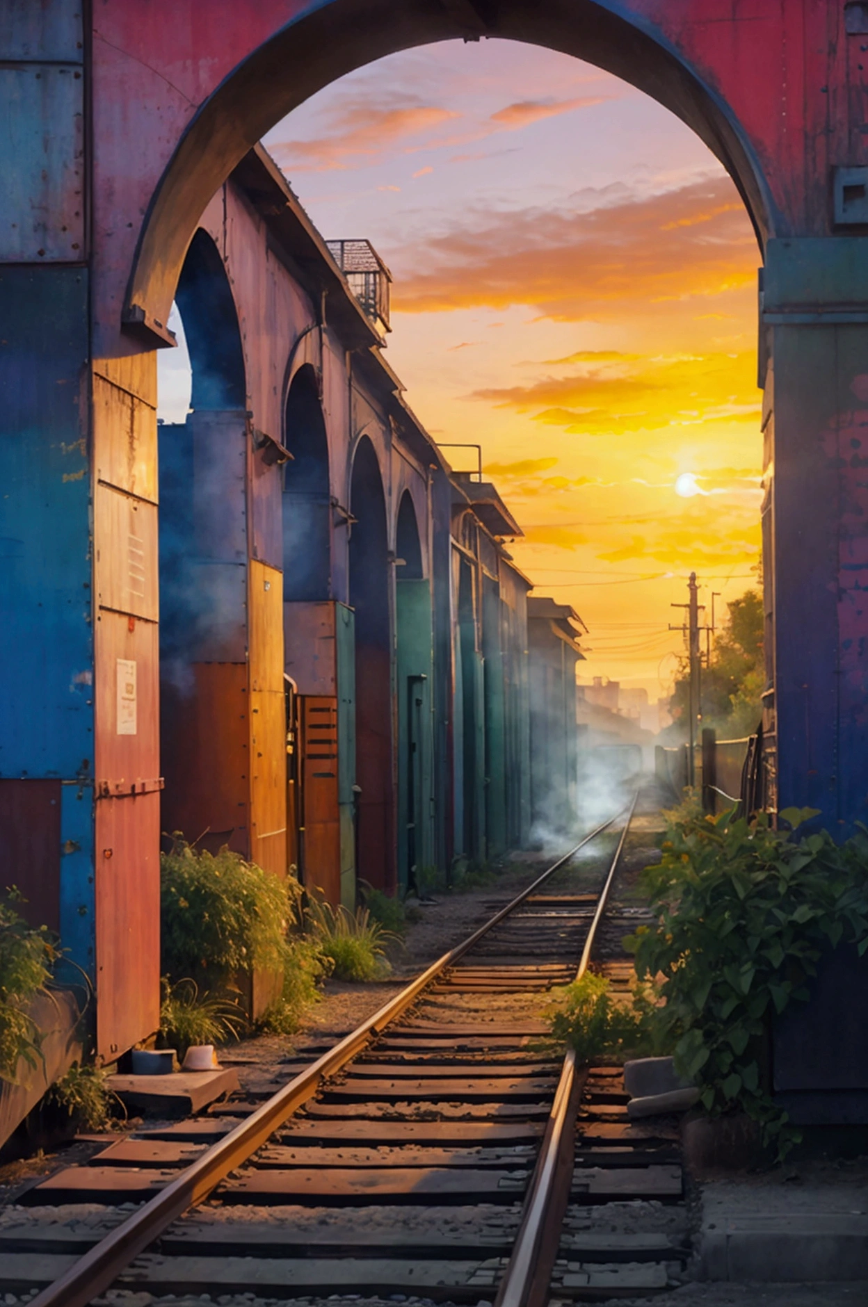 Sunrise at The Workshops Rail Museum - Capture the early morning hues through the fences1, oil painting in style of Rufino Tamayo 