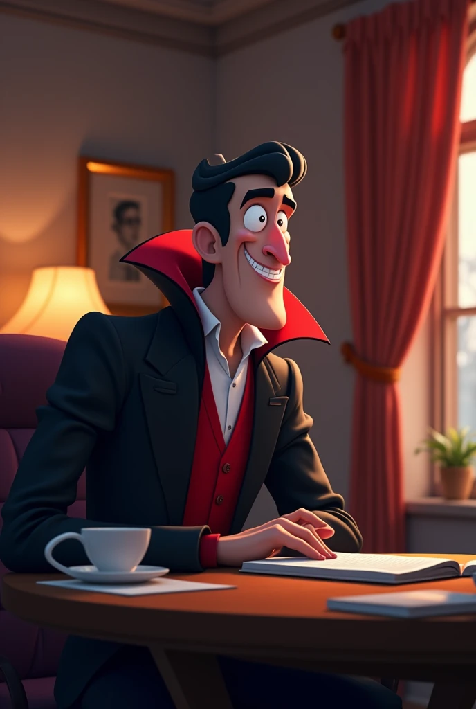 A cartoon vampire with a prominent butt chin, in a well lit room during a zoom meeting