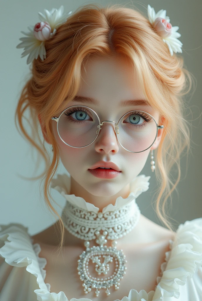 an androgynous person, with copper blonde hair, She wears glasses and her clothing style is Japanese ta with pale skin like a porcelain doll and blue eyes.