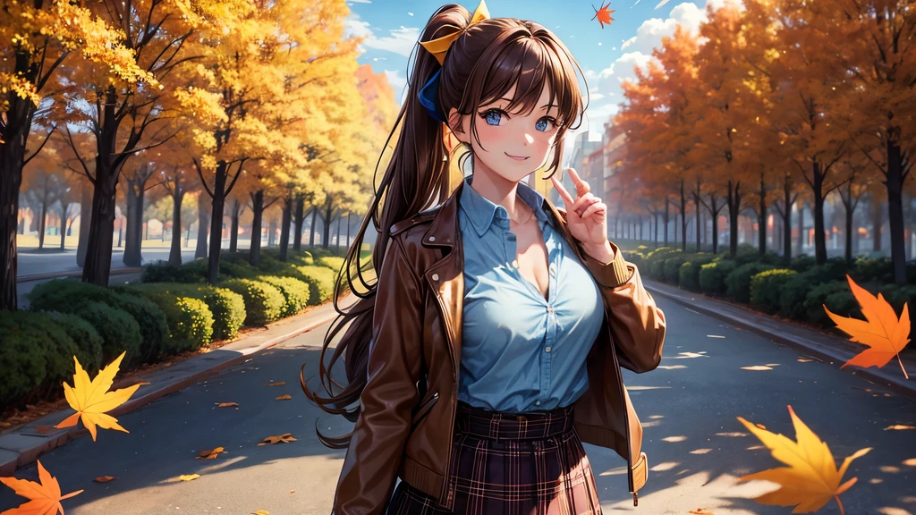1girl, solo, trees, sun, clouds, autumn, colorful trees, falling leaves, ((brown hair)), ponytail, large breasts, ((brown leather jacket)), button down shirt, ((blue checked shirt)), ((unbuttoned shirt)), unbuttoning buttons, cleavage 1:3, blue eyes, long skirt, brown boots, smile, happy, looking at the viewer, walking, hair ribbon, golden necklate