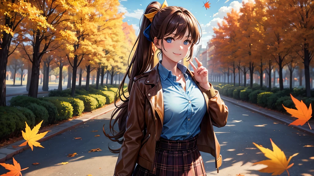 1girl, solo, trees, sun, clouds, autumn, colorful trees, falling leaves, ((brown hair)), ponytail, large breasts, ((brown leather jacket)), button down shirt, ((blue checked shirt)), ((unbuttoned shirt)), unbuttoning buttons, cleavage 1:3, blue eyes, long skirt, brown boots, smile, happy, looking at the viewer, walking, hair ribbon, golden necklate
