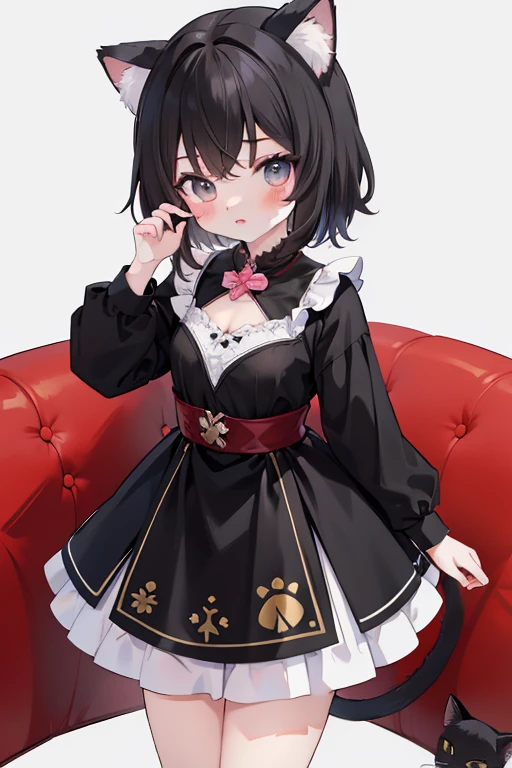 ((Best quality)), ((Masterpiece)),1 girl， animemanga girl， body type，Very short in height，Black color hair，a black skirt，Cat ears，Fierce expression