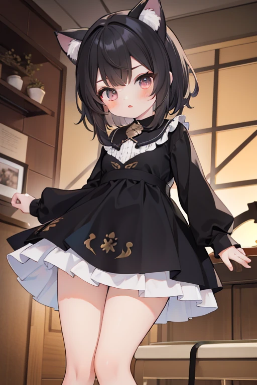 ((Best quality)), ((Masterpiece)),1 girl， animemanga girl， body type，Very short in height，Black color hair，a black skirt，Cat ears，Fierce expression