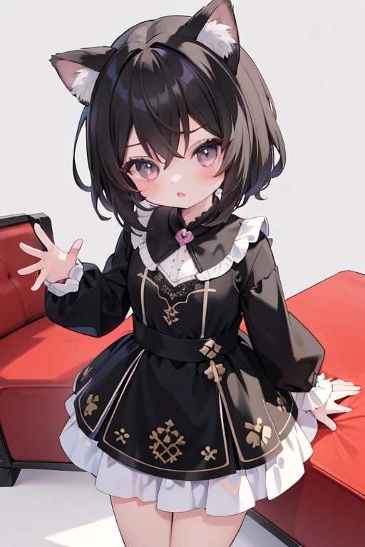 ((Best quality)), ((Masterpiece)),1 girl， animemanga girl， body type，Very short in height，Black color hair，a black skirt，Cat ears，Fierce expression