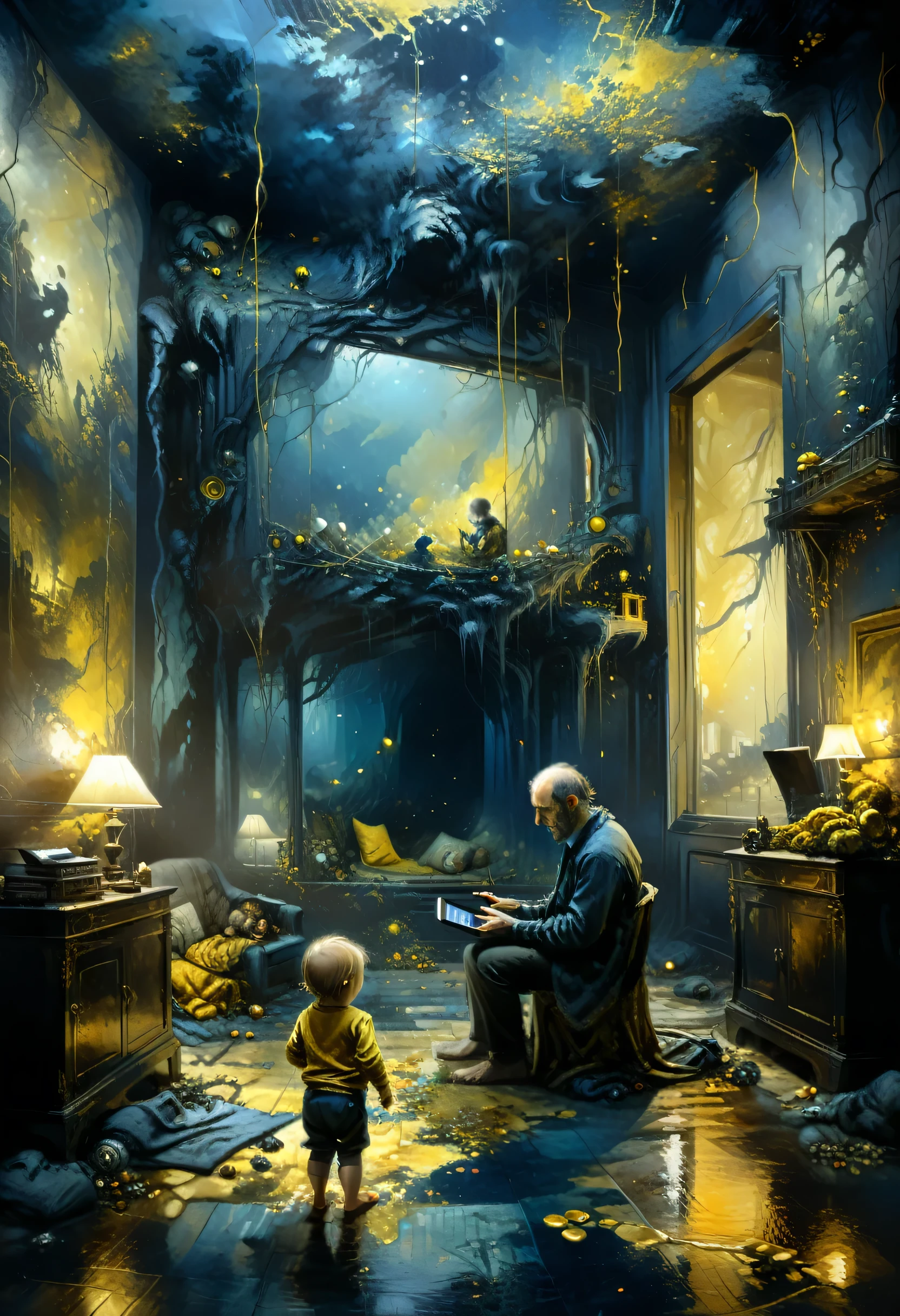 Daddy with a  playing on a room while on smartphone, while playing web3 games, mysterious atmosphere, deep dark blue and golden yellow, 4D, 8K, photorealistic, dreamlike, big and complex composition storytelling, masterpiece, artwork by Bernie Wrightson, artwork by Jeremy Mann, Surrealism, Impressionism