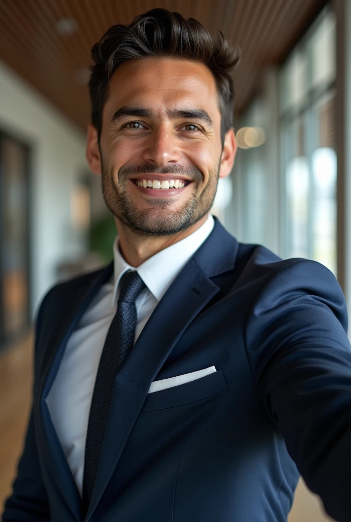 average brazilian man, 30 years old, taking a selfie wearing a suit at an office