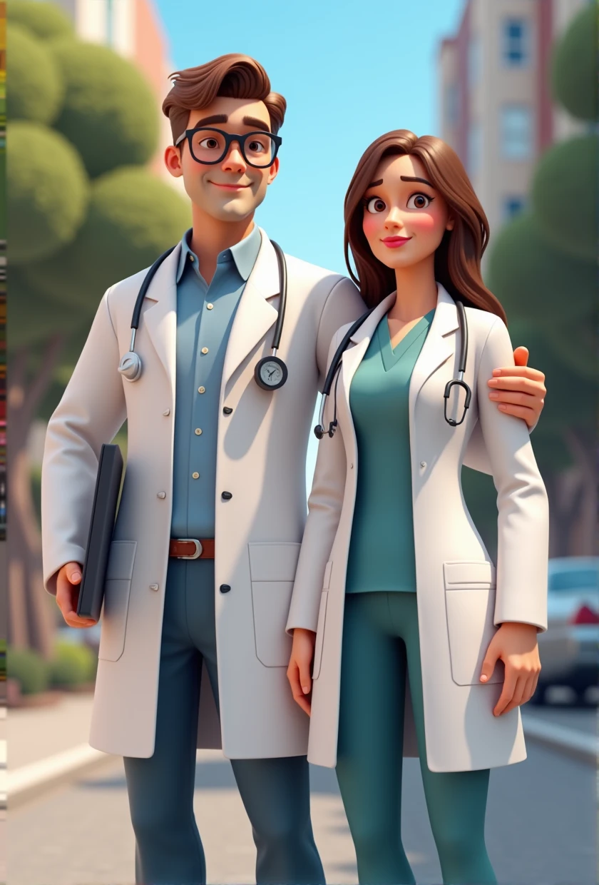 male with brown hair holding big tv monitor and female doctor standing next to each other, medical doctor, doctor, labcoats, wearing a labcoat, medium shot of two characters, wearing lab coat, wearing lab coat and glasses, wearing a lab coat, wearing a white lab coat, big tv monitor, labcoat, wearing lab coat and a blouse, lab coat, medicine, 3d characters,3d stylized, 3 d render stylized, 3d character, 3d character, 3d rendering stylized, 3 d character render, cartoon character, character posing, (Pixar-style) (bokeh) (best qualityer) (skin detailed) (detailed texture) (8k) (Argilla) (Cinematic lighting)