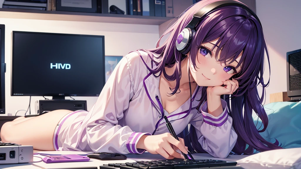 ((UHD, textured skin, high details, best quality, highres, 1080P, 4K)),purple hair, headphones, aqua eyes, purple eyes, light smile, hime cut, curly hair, anime, anime style,(Working on a computer,The dog is sleeping.,She's sitting at her desk.I'm in my pajamas, working on my computer in my room.)