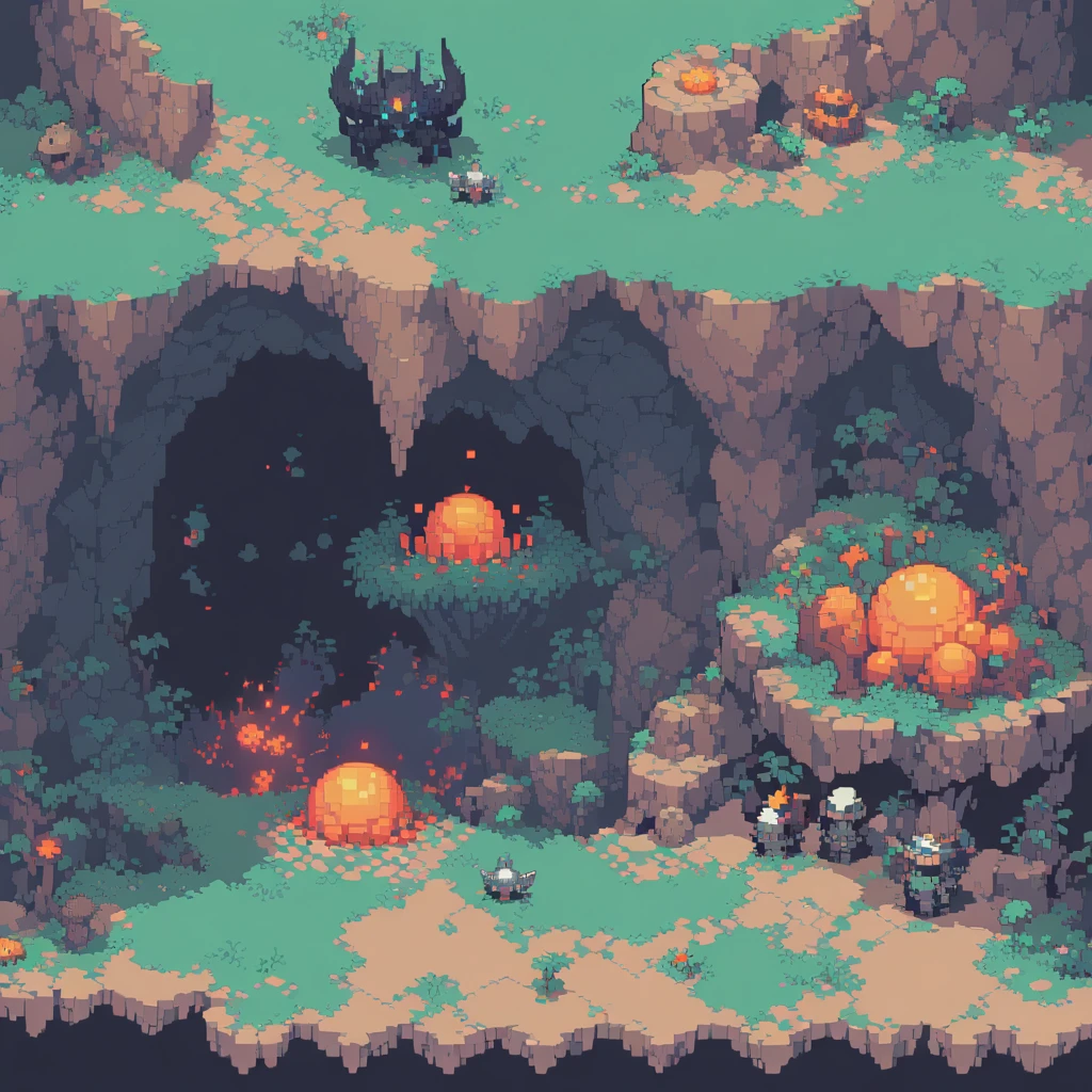 The prompt for generating a pixel art could be: "pixel art,(best quality, high resolution, detailed),(retro, nostalgic) colors,8-bit style,crisp lines and edges,small canvas,blocky pixels,limited color palette,low-fi graphics,dark colors,iconic pixel characters, inside mountain cave, obscure, undead"