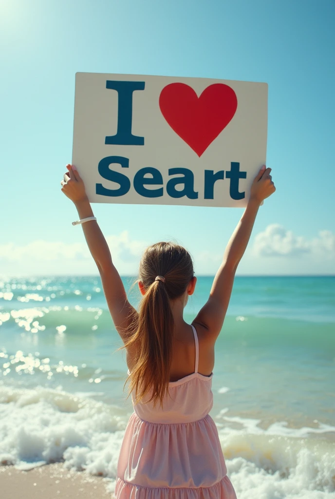 Hyperrealism，A girl holds up a sign that says I Love Seaart Infinity，Standing by the sea，Movie-quality images，Sunlight，Waves，Beach