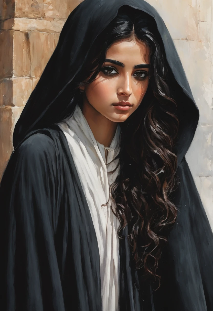 Poor arabian girl with dark wavy hair in a black cloak