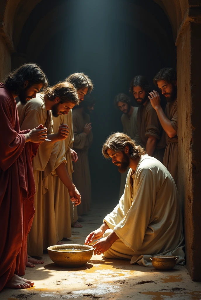 Describe the scene where Jesus Christ washes His disciples' feet during the Last Supper. Focus on the humility and significance of this act, the reactions of the disciples, and how this moment embodies the teachings of service and love in C