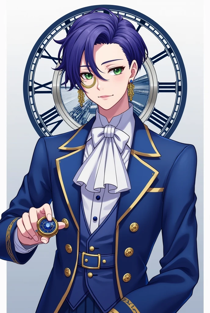 A young male Idol with neat and elegant purple-blue hair. Green eyes. Wearing a European-style performance outfit in blue and white, stylized like a modern fashion model. Wearing gold monocle glasses and holding a sapphire blue pocket watch. Earrings stylized to match the outfit.
On the background is the Deus ex Machina logo with the symbol of a time-traveling clock. The main color is #e8b923.
Fullbody.