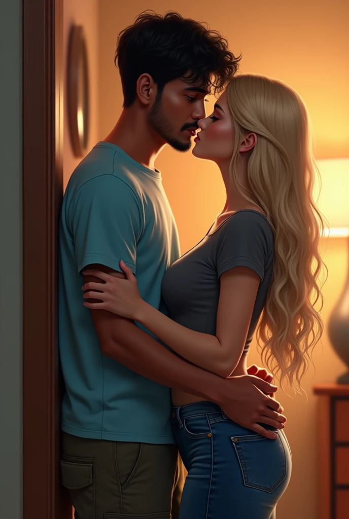 a guy kissing his partner his hand is on her butt n other hand on her brest they are looking in eachother eyes boy wear sky blue t-shirt n cargo pant n girl wear full grey t-shirt n a denim gens guy is indian n have black hair n no beared n having a little moustache like teenager  n girl is english with blonde hair guy is 5'8 ft n girl is 5'2 n both are teenagers  they must lookalike teenagers like hes 19 yr old both n a girl is Little bit chubby n small she habe big boobies 