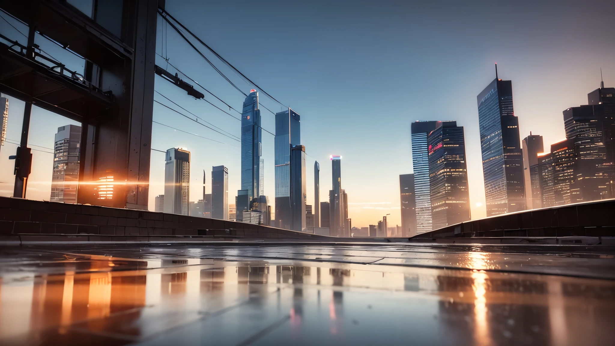 (best quality, masterpiece:1.2), photorealistic, (ambient light:1.3), (cinematic composition:1.2), 8k, hdr, ultra high res, Exquisite details and textures, sportscar, supercar, tail lights, sunset, street view, skyscrapers, skylines, cyberpunk, neon lights, clouds, raining, wet floor, reflection, dusty air, light particles, ray of lights, detailed background, depth of field, professional lighting, photon mapping, radiosity, physically-based rendering