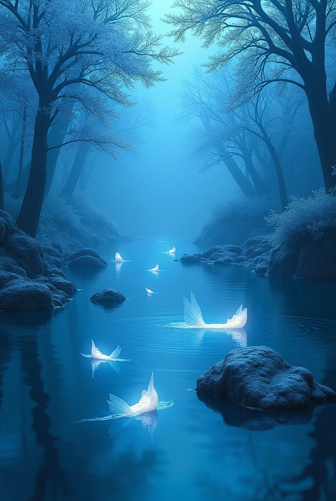 A lake of wingless nymphs, with blue trees and blue stones