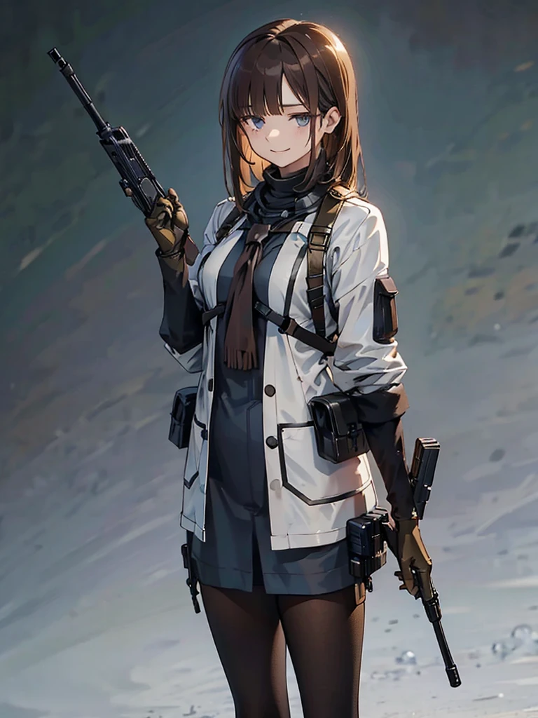holding_gun, assault_rifle, Very detailed, Brown Hair, Anime Style, whole body, alone, Stylish Gunfighter Girl, Holding a steampunk long barrel pistol,Standing in the wasteland, 8K high resolution, White Background, In the spotlight, The background is a dark and desolate landscape, Horror movie atmosphere. Her figure is very beautiful, Emphasizing the dark and crazy elements. Skillfully expressing the effects of light and shadow,