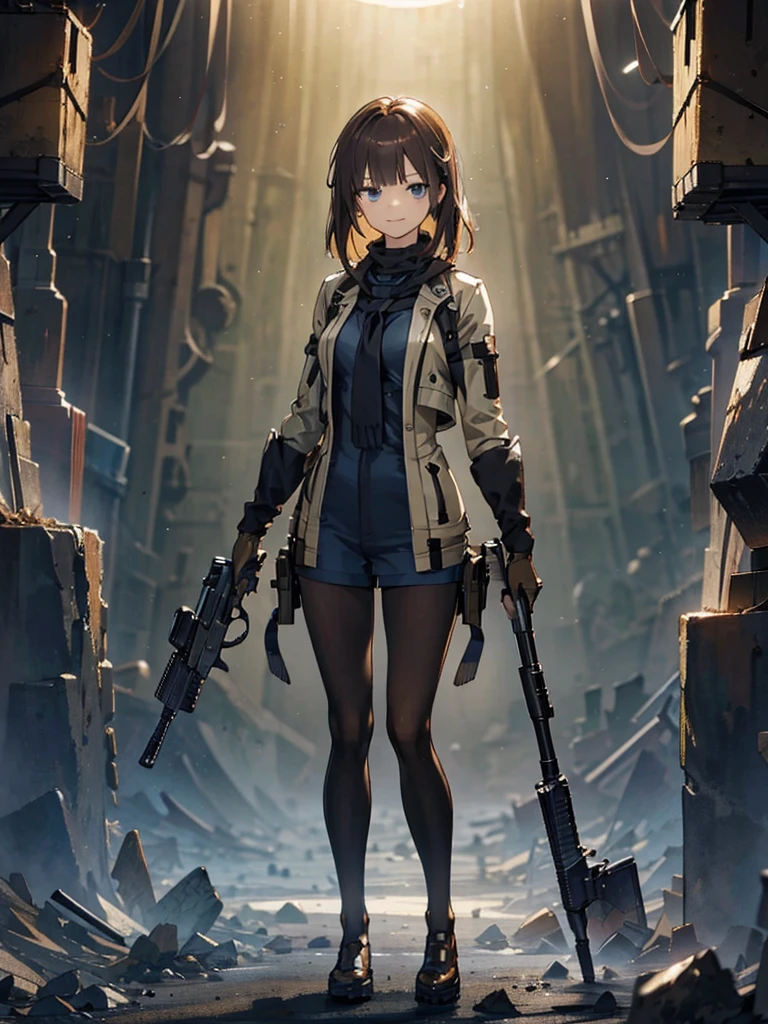 holding_gun, assault_rifle, Very detailed, Brown Hair, Anime Style, whole body, alone, Stylish Gunfighter Girl, Holding a steampunk long barrel pistol,Standing in the wasteland, 8K high resolution, White Background, In the spotlight, The background is a dark and desolate landscape, Horror movie atmosphere. Her figure is very beautiful, Emphasizing the dark and crazy elements. Skillfully expressing the effects of light and shadow,