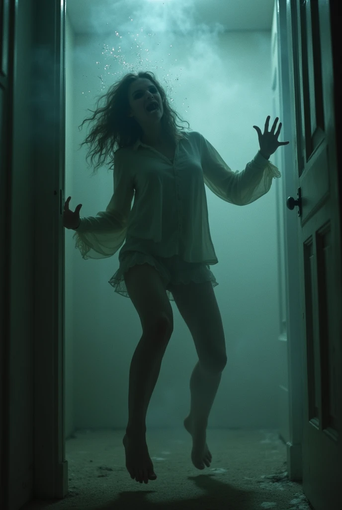 Caught photo (movement shakiness from the head, wide angle, taken from phone) of a 25 year old female getting possessed. Levitating off the ground, only white part is showing from the eyes, pupils and iris are gone, shaking movement, foaming from the mouth, lights breaking intensely around. Creepy, horror. Realistic, insane, realism, micro realistic