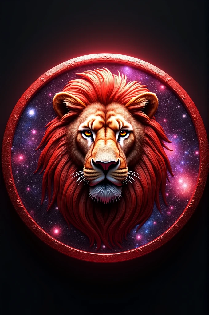 A red circular medal with a Galaxy in center and a face of a lion in the galaxy
