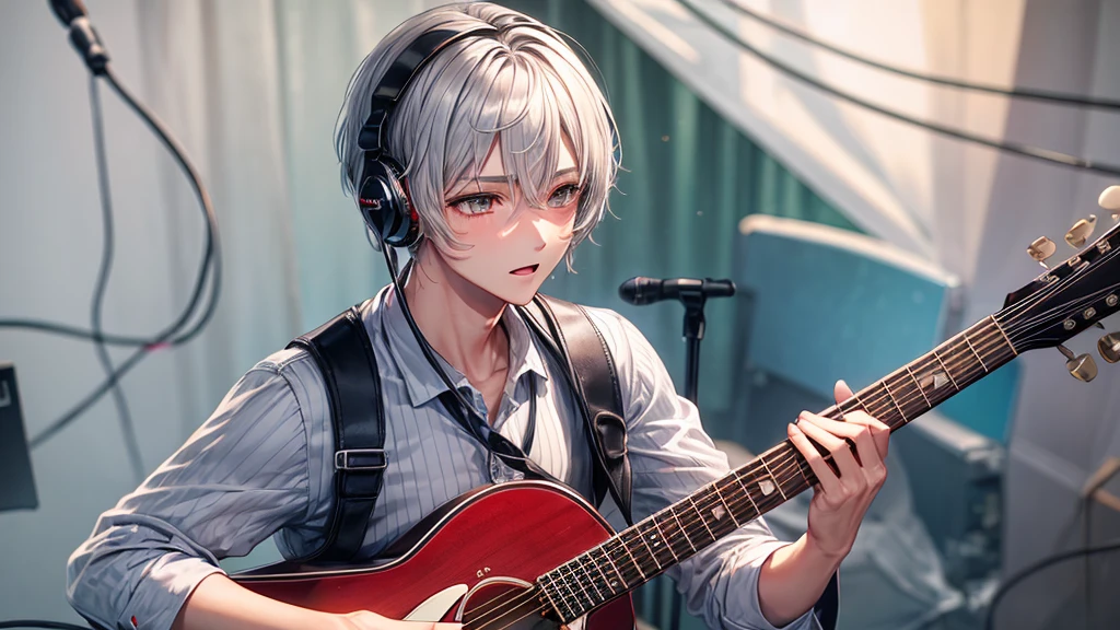 A man with short silver hair and slanted eyes sings while playing the guitar.、microphone、headphone、
Blushing, sexy
