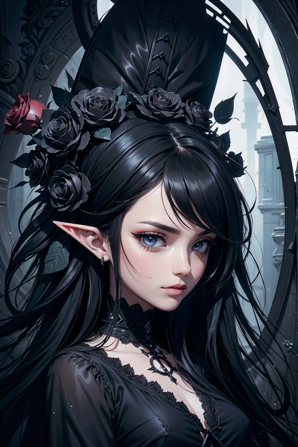 anime elf girl, black fur, Gothic style, roses in hair,dark black eyelashes ,pale eyes, digital illustration, comic style, Gothic Revival, centered, approaching perfection, dynamic, Very detailed, watercolor painting, award-winning art gallery masterpiece, Conceptual art, seeds, sharp focus, illustration, Art by Wlop and Ross Tran, Brilliantine