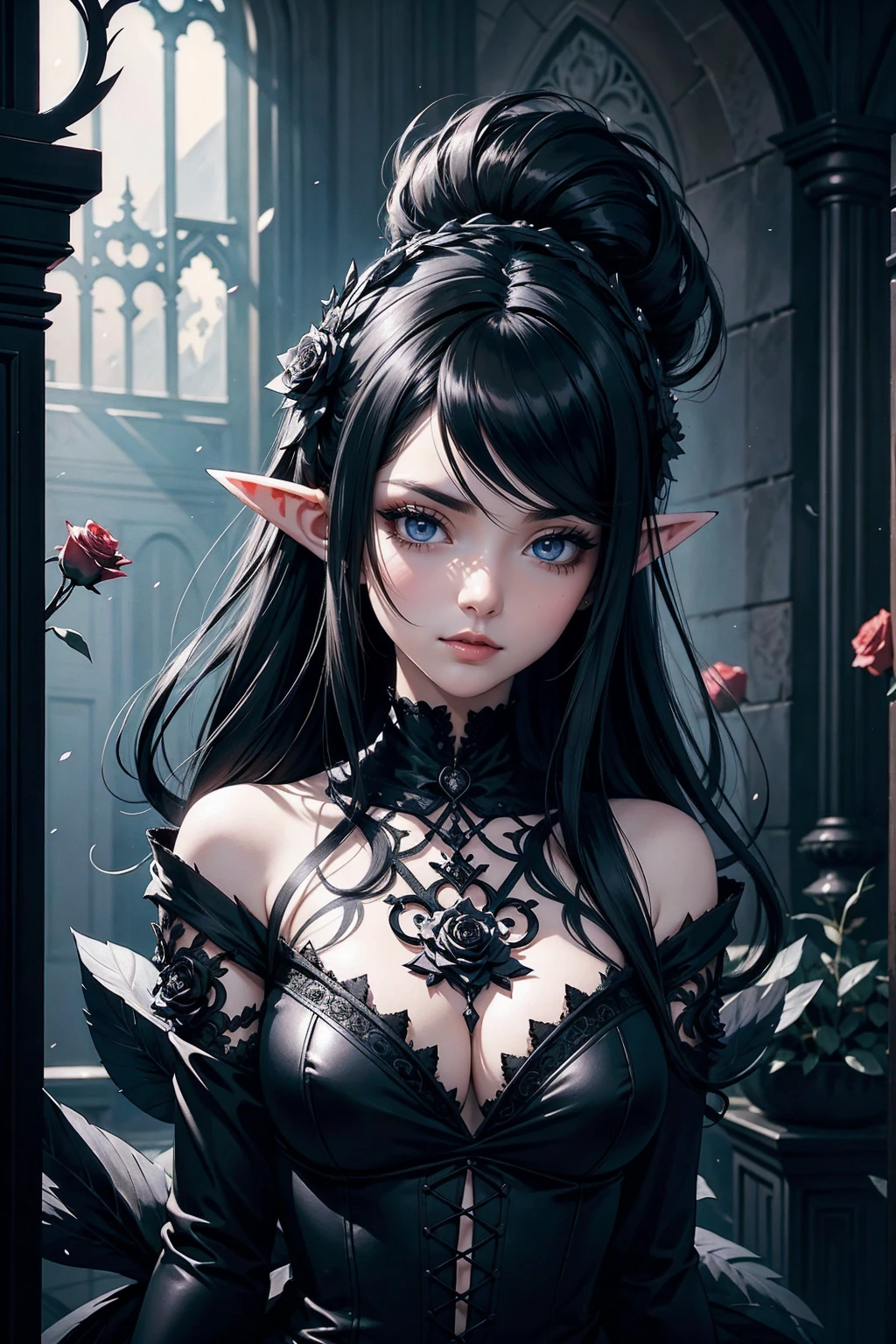 anime elf girl, black fur, Gothic style, roses in hair,dark black eyelashes ,pale eyes, digital illustration, comic style, Gothic Revival, centered, approaching perfection, dynamic, Very detailed, watercolor painting, award-winning art gallery masterpiece, Conceptual art, seeds, sharp focus, illustration, Art by Wlop and Ross Tran, Brilliantine