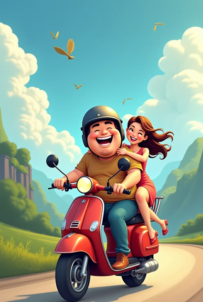 Fat guy carrying his beautiful lover on a motorbike and wearing a helmet, cute map of Vietnam in the sky Cartoon image