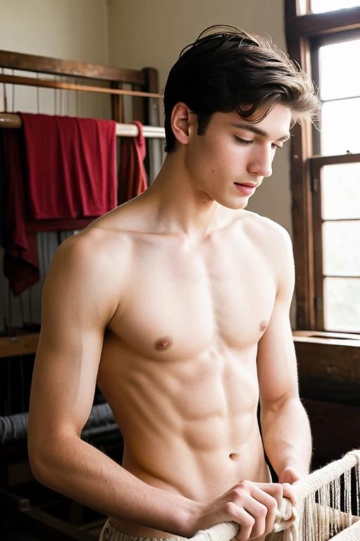 young, Beautiful, handsome, white, skinny, soft skin, beautiful face, shirtless, watching his grandmother weave her clothes on an antique knitting machine