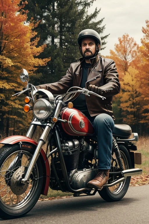 Biker rides a very old motorcycle, vintage bike, autumn