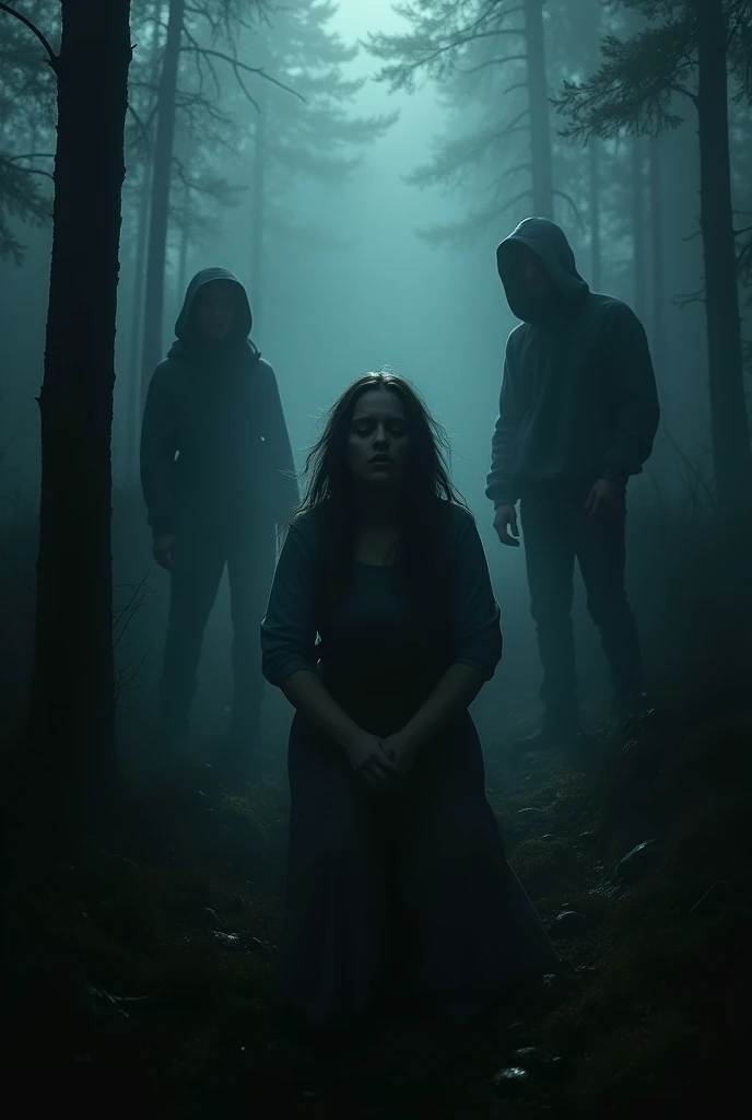 The camera focuses on Larissa, as it is overlooked by the shadowy figures of the hikers, reliving her desperate final moments. The screams and despair of the hikers seem to take shape in the shadows.
Mood: Scary and mysterious.
These image sequences can be visually captivating and add to the dark atmosphere of your story 