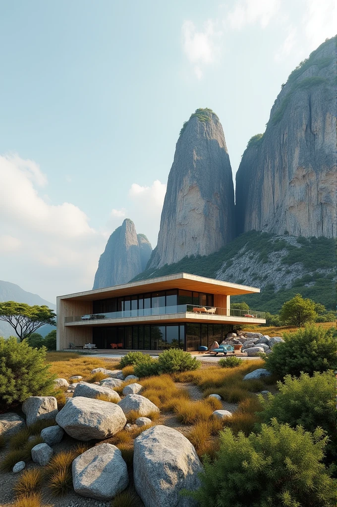 Off grid contemporary house near a limestone mountain 