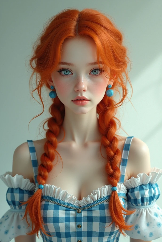 A woman with red hair, two braids, humanoid appearance, wearing a blue and white checkered dress