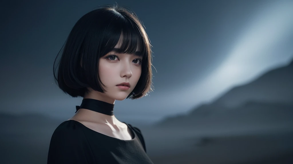 Delicate and dainty young woman with shiny bob-cut black hair . She is wearing black dress. The background is a fantastic and ethereal night sky that seems to be haunted by a specter. Her expression is stern and atmospheric. Angle from directly below.