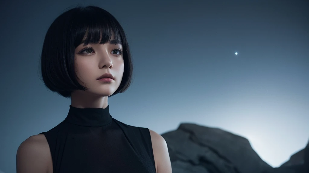 Delicate and dainty young woman with shiny bob-cut black hair . She is wearing black dress. The background is a fantastic and ethereal night sky that seems to be haunted by a specter. Her expression is stern and atmospheric. Angle from directly below.